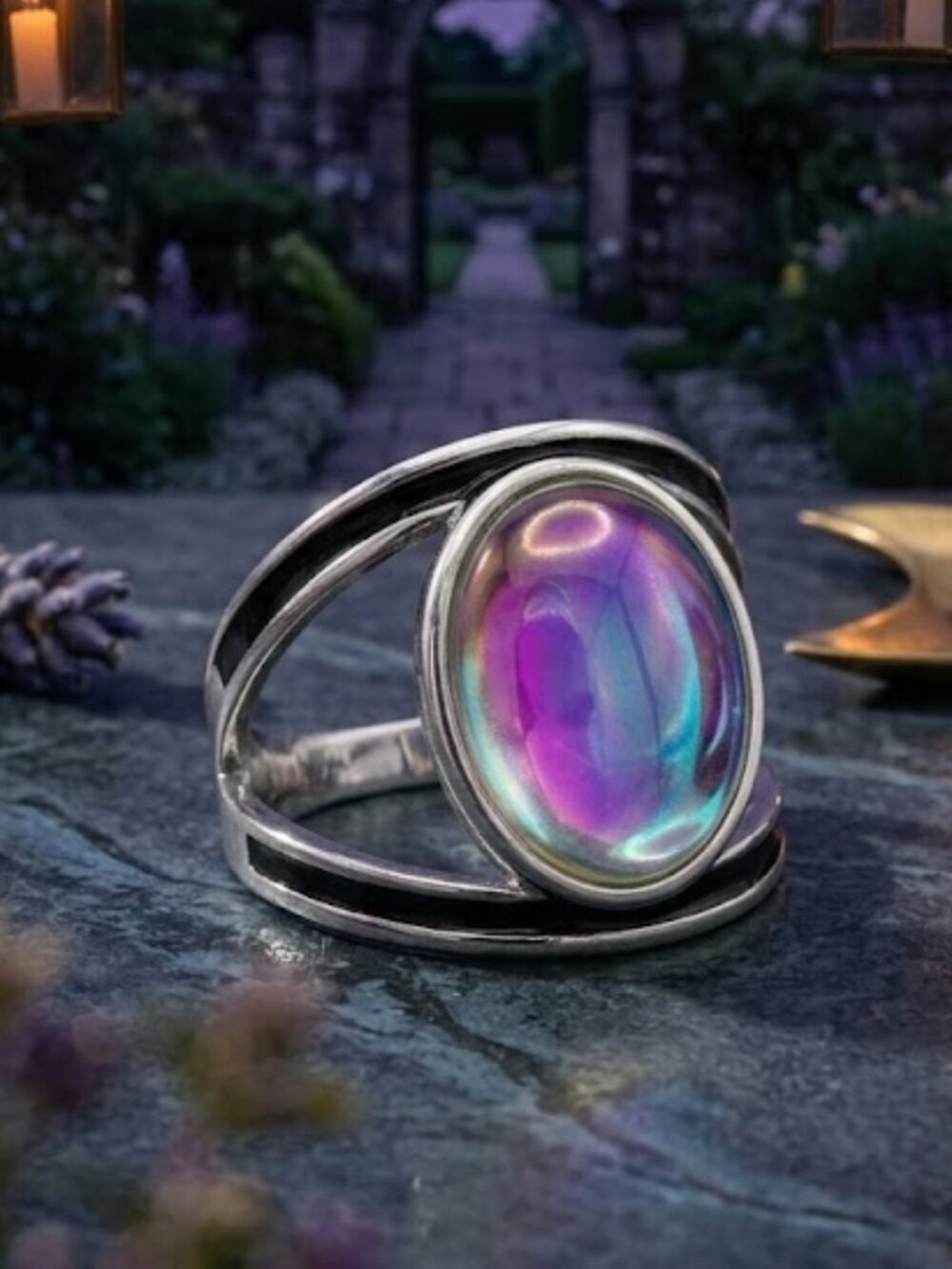 Aurora Crystal Silver Split Shank Oval Statement Ring Whimsigoth Celestial Sz 9